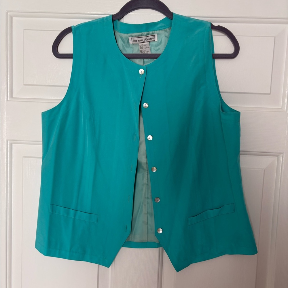 Vintage Silk Teal Sleeveless Button-Up Vest